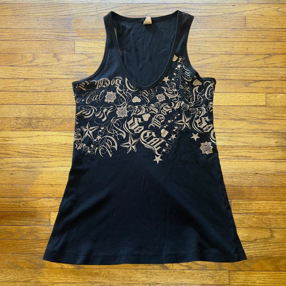 No Fear So Cal Black Ribbed Graphic Tank Top Tattoo Print Y2K Streetwear